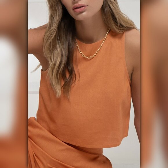 (SET) Moon River Sleeveless Round Neck Crop Top and High Waist Wide Leg Pants - Picture 7 of 10